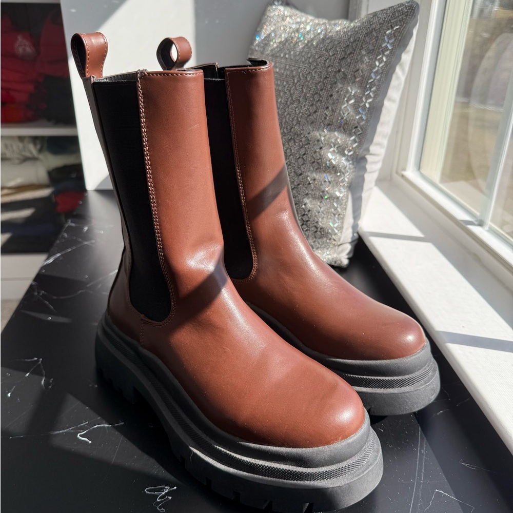 Platform Brown Leather Women's Boots